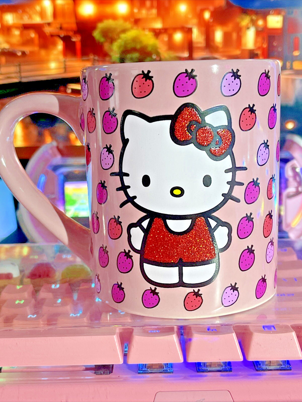 Sanrio Hello Kitty Mug Heart Handle 2023 Ceramic Pink Strawberry Glitter Red